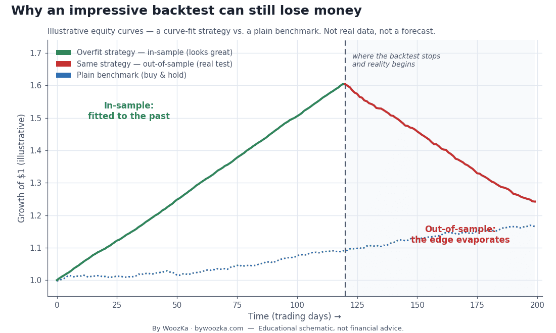 Illustrative line chart titled "Why an impressive backtest can still lose money": an overfit strategy's equity curve climbs smoothly in the in-sample period (green), then reverses and grinds lower in the out-of-sample period past a dashed split line (red), while a plain buy-and-hold benchmark (blue dotted) rises modestly and steadily the whole way