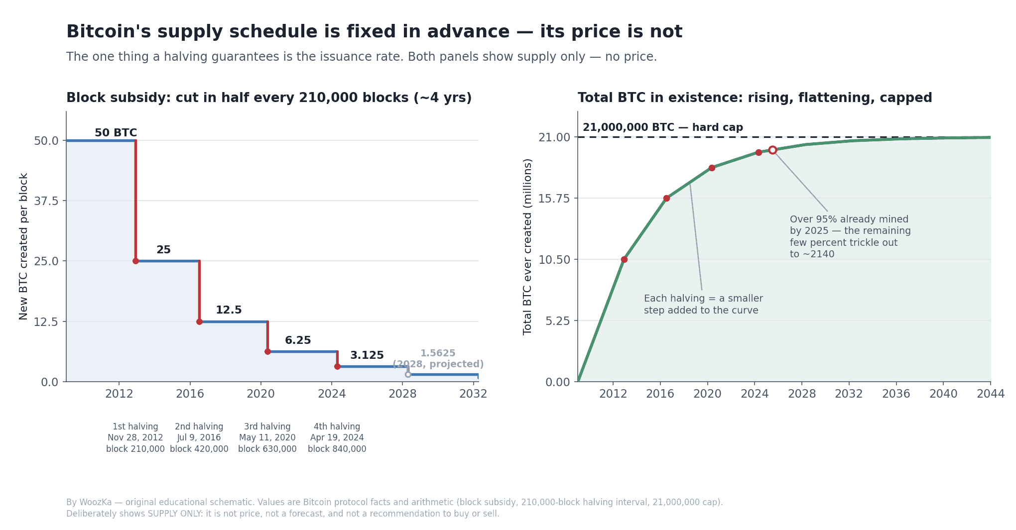 A two-panel educational schematic titled "Bitcoin's supply schedule is fixed in advance — its price is not." The left panel is a staircase chart of Bitcoin's block subsidy stepping down by half at each halving: 50 BTC per block from 2009, to 25 in November 2012, to 12.5 in July 2016, to 6.25 in May 2020, to 3.125 in April 2024, with a projected drop to 1.5625 in 2028 drawn as a dashed step. Each of the four past halvings is labeled with its date and block height (210,000; 420,000; 630,000; 840,000). The right panel plots the cumulative total of all Bitcoin ever created rising steeply and then flattening as it approaches a dashed line marking the 21,000,000 BTC hard cap, with a note that over 95% was already mined by 2025 and the remainder trickles out to around the year 2140.