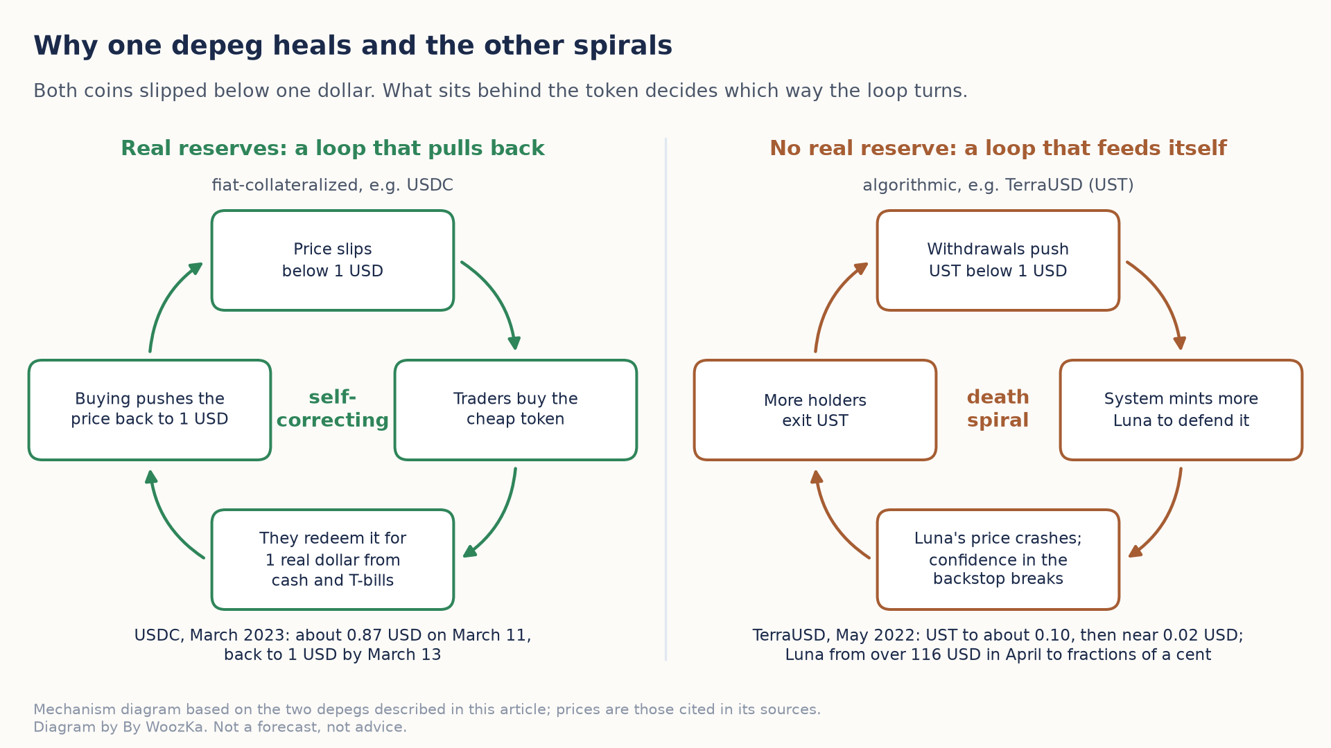 Two loop diagrams. Left, "Real reserves: a loop that pulls back," for fiat-collateralized coins such as USDC: price slips below 1 USD, traders buy the cheap token, they redeem it for 1 real dollar from cash and T-bills, and buying pushes the price back to 1 USD. Note: USDC fell to about 0.87 USD on March 11, 2023 and was back to 1 USD by March 13. Right, "No real reserve: a loop that feeds itself," for algorithmic coins such as TerraUSD: withdrawals push UST below 1 USD, the system mints more Luna to defend it, Luna's price crashes and confidence in the backstop breaks, and more holders exit UST, which starts the loop again. Note: in May 2022 UST fell to about 0.10 and then near 0.02 USD, and Luna fell from over 116 USD in April to fractions of a cent.
